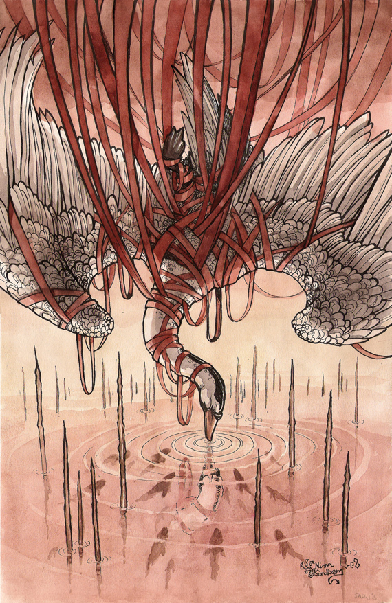 Trapped bird. Watercolor painting by Minna Sundberg